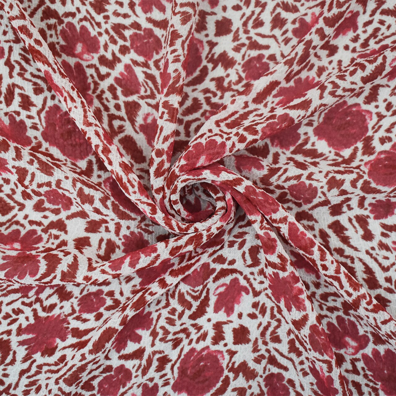White-Red Abstract Floral Printed Poly Crinkled Chiffon Woven Fabric By the Yard